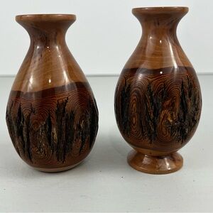 Pair of MCM Burled Bottle Brush Wood Vases